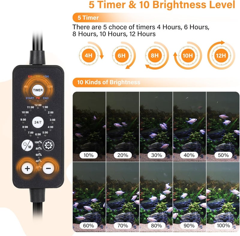 Hygger ضوء LED تحت الماء لحوض السمك، 11 واط 12 بوصة وضع 24/7 مع 5 صفوف من الكرات، مع مؤقت 9 ألوان وسطوع قابل للتعديل، ضوء كامل الطيف مقاوم للماء IP68 لحوض سمك بحجم 13-23 بوصة - Image 3